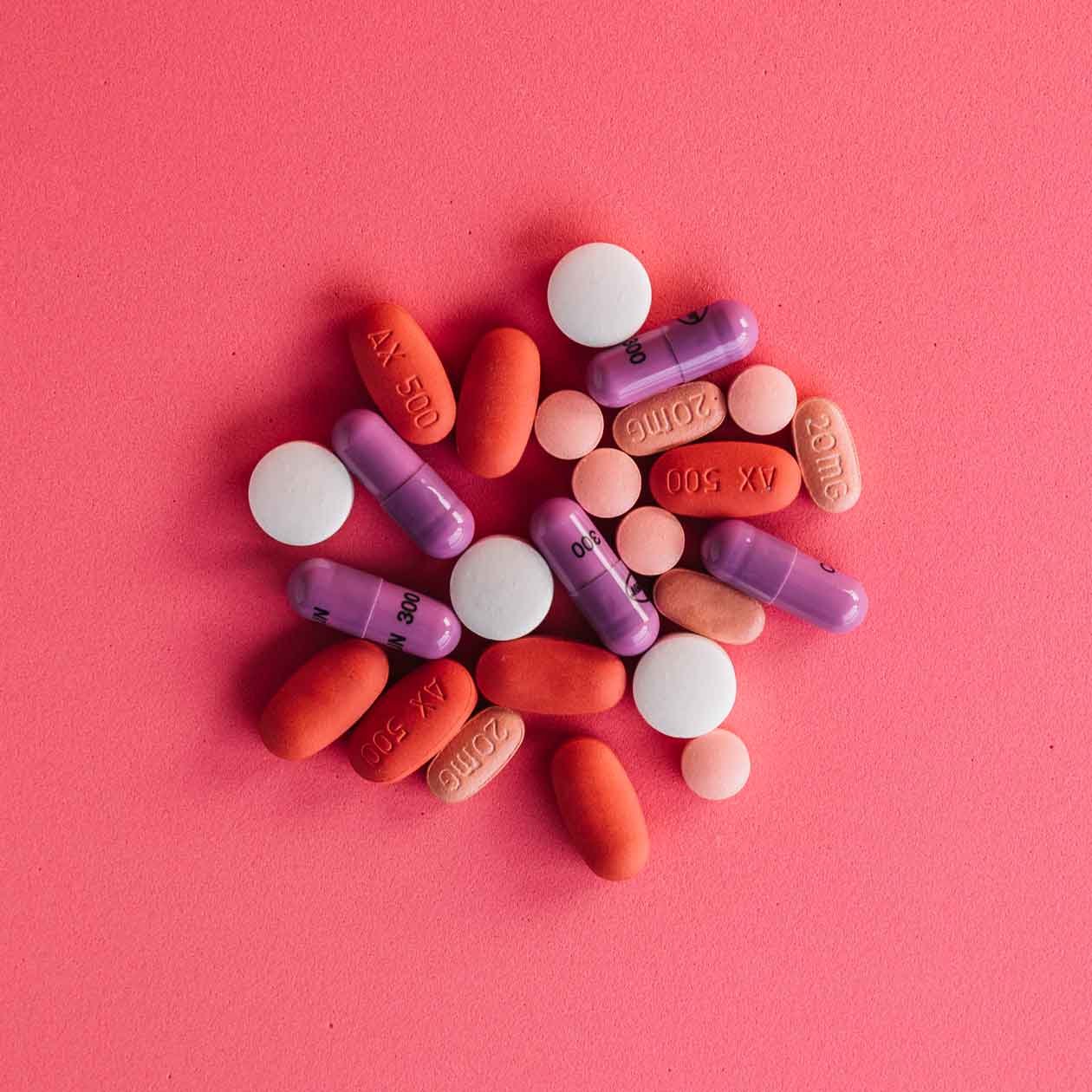 collection colorful pills bright background