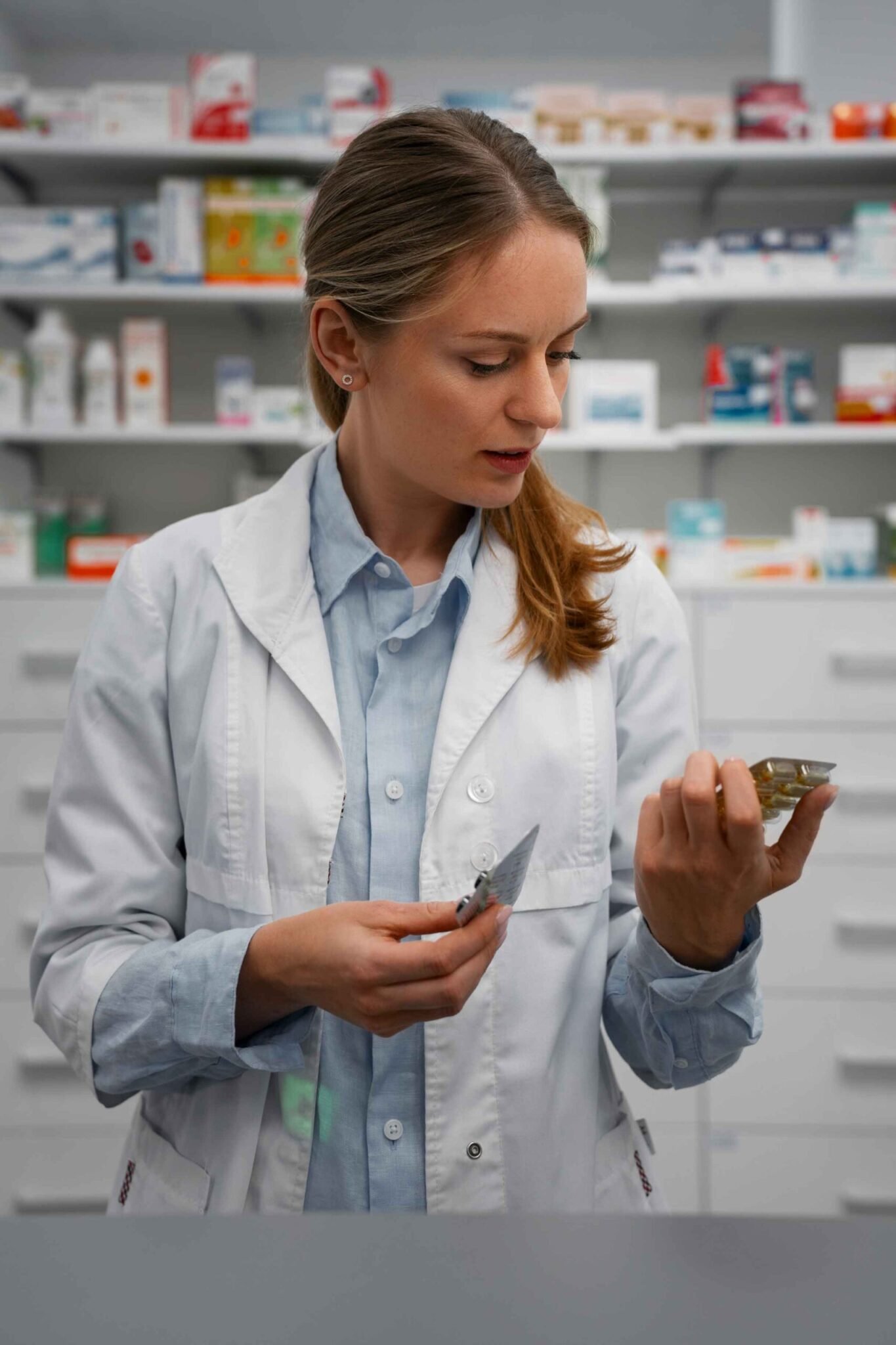 female pharmacist checking pills pharmacy scaled